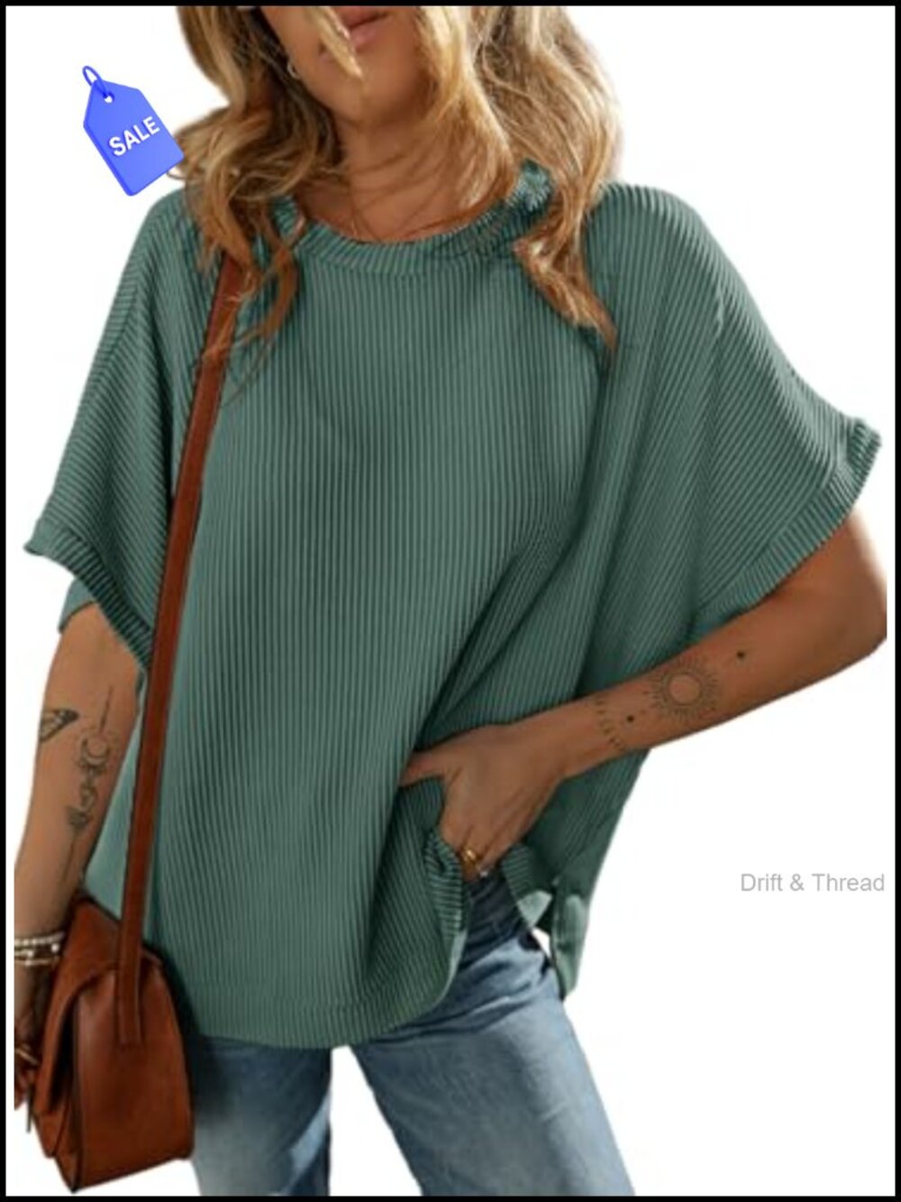Women's Oversized Tunic Top with Short Dolman Sleeves and Side Slits
